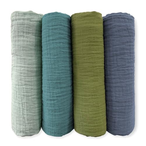 SwaddleDesigns Cotton Muslin Swaddle Blankets for Baby Boy & Baby Girl, Set of 4, Neutral Receiving Blankets for Newborn, Baby Registry & Gift, 46x46 inches, Cascadia