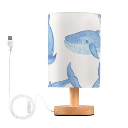 Watercolor Blue Whale Cartoon Bedside Table Lamp LED Warm Lights with USB Charging Port Retro Cylinder Desk Lamps for Bedroom Living Room Office Coffee Bar Decoration