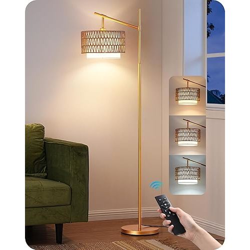 EDISHINE Rattan Arc Floor Lamp with Remote,Gold Farmhouse Floor Lamp with Dimmable LED Bulb,Rattan & Fabric Double Shades,Foot Switch,Wicker Adjustable Tall Lamp for Living Room, Bedroom, Office,