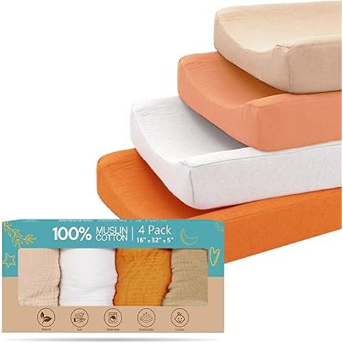 100% Muslin Changing Pad Cover Ultra Soft 120GSM Baby Changing Pad Covers for Girls and Boys - Easy wash Diaper Changing pad Cover with Low Shrinkage (4 Pack - White/Beige/Sand/Greish)