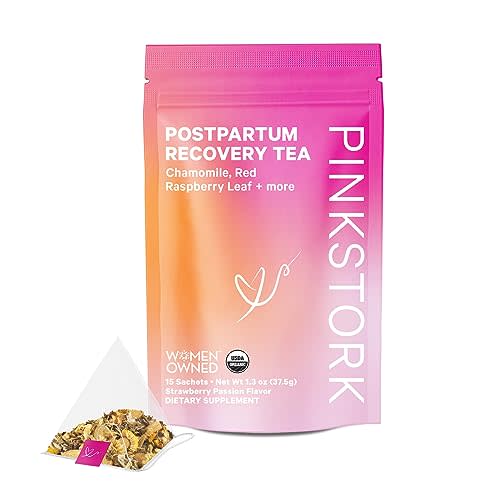 Pink Stork Postpartum Recovery Herbal Tea, Organic Red Raspberry Leaf Tea with Chamomile, Postpartum Essentials, Hormone Balance for Women after Labor and Delivery, Strawberry Passion, 15 Sachets