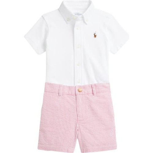 Short Sleeve Cotton Piqué Button-Down Shirt & Seersucker Shorts Set, 18M