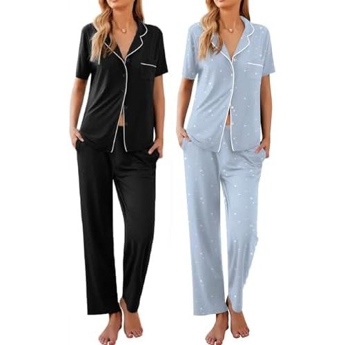 Ekouaer 2 Pack：Womens Pajamas Short Sleeve Pjs Notch Collar Button Up Loungewear Cozy Sleepwear Sets