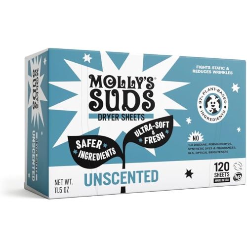 Molly's Suds Fabric Softener Dryer Sheets for Sensitive Skin | Plant-Based Static Reducer, Plastic-Free Packaging | Unscented (120 Sheets)
