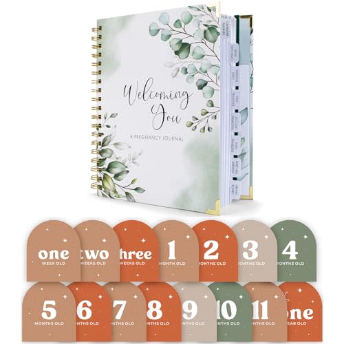 ZICOTO Pregnancy Journal and Baby Monthly Milestone Cards Bundle - Lovely Must Have Gift for First Time Moms, Green
