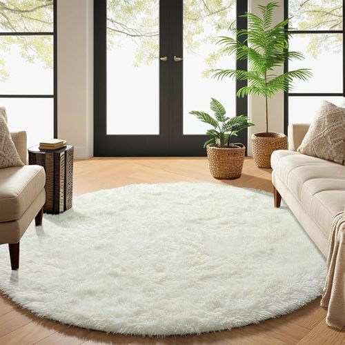 PAGISOFE Cream White Round Rugs 5Ft, Fluffy Shaggy Ivory Carpets, Rugs for Girls Boys Baby Kids Bedroom, Indoor Furry Comfy Teepee Mats, Circular Rug for Reading Area Nursery Room Decor Aesthetic