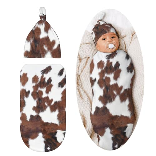 Brown Cow Print Baby Stuff Newborn Swaddle Blanket Highland Cowhide Print Western Soft and Stretchy with Beanie Hat Sack for Girls and Boys Infant