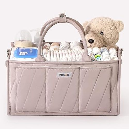 Diaper Caddy Organizer – Portable Storage Basket with Shoulder Strap & Stroller Hooks, Splashproof Quilted Nursery & Car Tote, Gender Neutral Gift for Baby Shower, Smoky Gray
