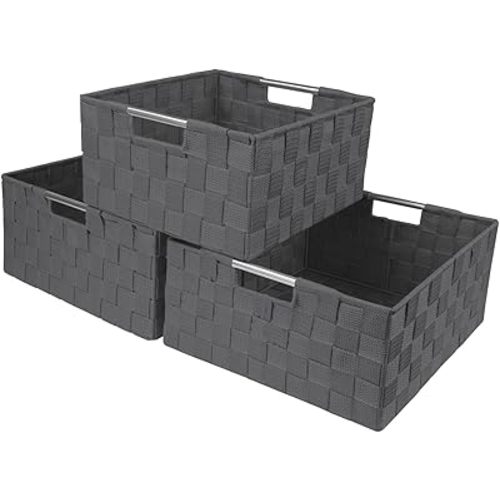 Sorbus Storage Box Woven Basket Bin Container Tote Cube Organizer Set Stackable Storage Basket Woven Strap Shelf Organizer Built-in Carry Handles (Gray)