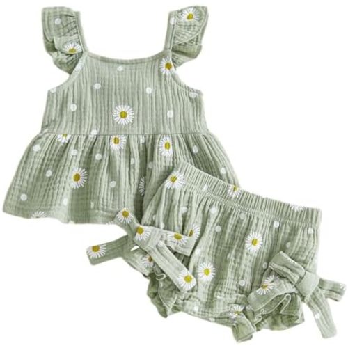 TheFound Baby Girl Summer Outfit Floral Print Fly Sleeve Ruffled Top Bowknot Elastic Waist Short Casual Toddler Baby Clothes