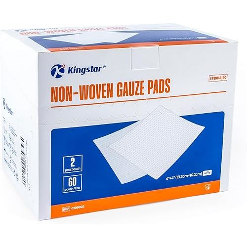 Kingstar Sterile Nonwoven Gauze Pads, 4"x 4" Wound Dressing, 60 Packs - 120 Pieces Superior Soft Sponge Pads, Higher Absorbent Gauze Compresses for Trauma or Post-Operative Wound Care
