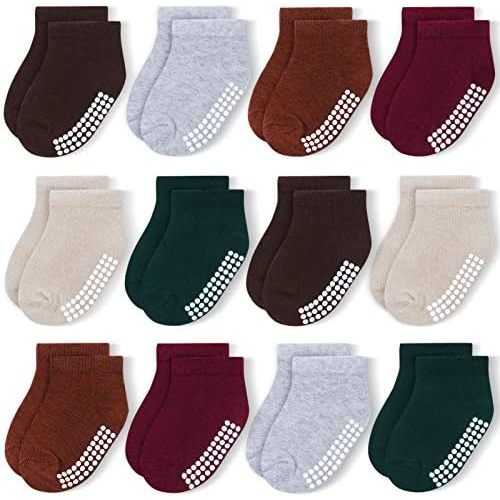 JAKIDAR 12 Pair Baby Toddler Socks Non-Slip Grip Cotton Ankle Socks for Boys Girls Non Skid Soles for Infants Kids