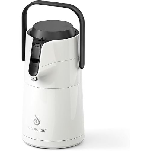 IDEUS 74 oz Thermal Coffee Carafe with Pump, Double Wall Stainless Steel Container Vacuum Insulated Airpot Water Dispenser Tea Server System Large Thermo for Drinks, White