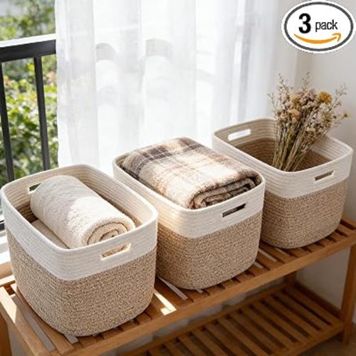 3 Pack Woven Baskets,Storage Baskets for Shelves with Handles