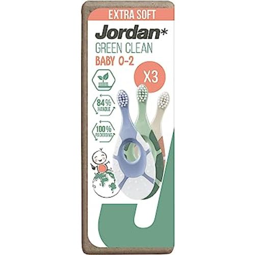 Jordan* ® | Step 1 Green Clean Toddler Toothbrush | Sustainable Baby Toothbrush 0-2 Years | Bio Based Extra Soft bristles, 84% Recycled Handle, Soft Biting Ring | Mixed Colors | Pack 3 Units