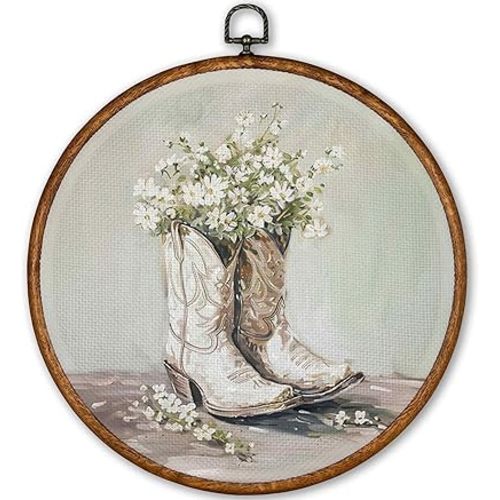TLESKE White Preppy Western Cowgirl Round Wall Art Decor, Vintage Cowgirl Boots Framed Canvas Prints Wall Art Artwork, Wall Hanging Room Door Decor for Teen Girls Room Dorm Bedroom, 10x10in
