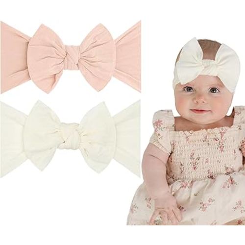 Baby Bling Bows - Newborn to Little Baby Girl Bows, 2 Pack Nylon Super Soft Stretchy Knot Toddler Headbands, Perfect Hair Accessories Head Bands for Infant Kids(Petal & Ivory)