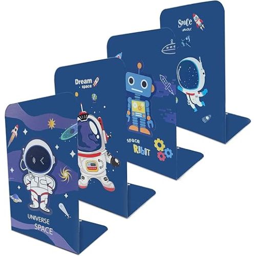 8-Piece Metal Bookends for Kids - Non-Skid Heavy Duty Astronaut Design (5.3 x 4 x 7.5 inches)