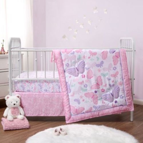 Pink and Purple Butterfly Song Crib Bedding Set for Baby Girls, 3 Piece Nursery Set