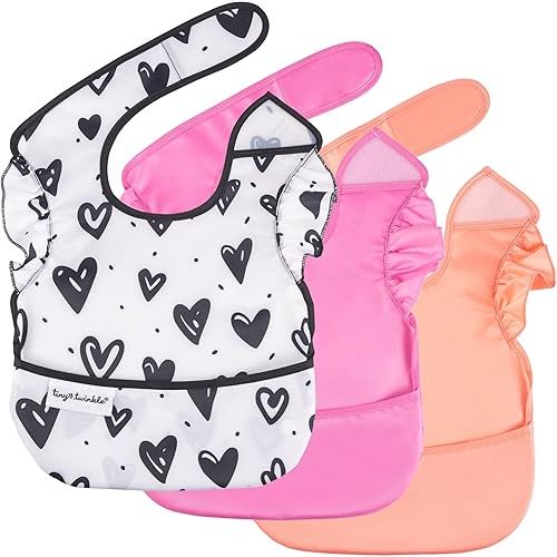 Tiny Twinkle Mess Proof Baby Bibs for Eating - Waterproof, Wipeable Bibs - Toddler Bibs - Travel Friendly - PFAS, PVC, BPA, Phthalate Free - Baby Food Bibs(3 Pack,Girl Hearts)