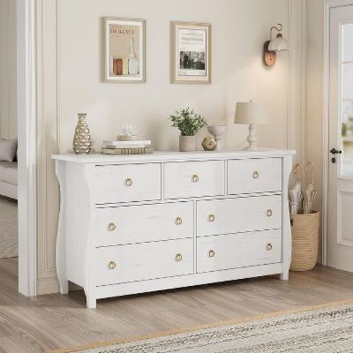 Modern 7-Drawer Dresser - Sleek Boho Design with Woven Rattan, Curved Legs, and Versatile Storage for Bedroom, Living Room, or Hallway, White