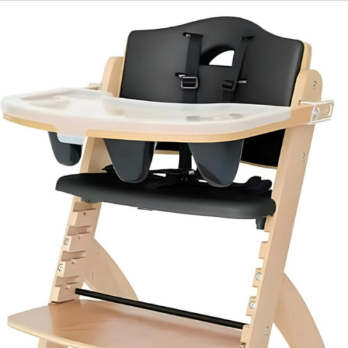 Abiie Beyond Junior Wooden High Chair with Tray - Adjustable and Convertible High Chair for Babies and Toddlers - 6 Months to 250 Lb - Water Resistant - Natural Wood/Black Pearl Cushion