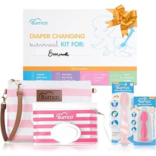 Baby Essentials Set - Personalized Diaper-Changing Baby Shower Gifts for Girls, Baby Gift Set with 2 Baby Bum Brushes (Original & Mini) + Diaper Clutch Bag + Wipes Wristlet, Newborn Gift Set