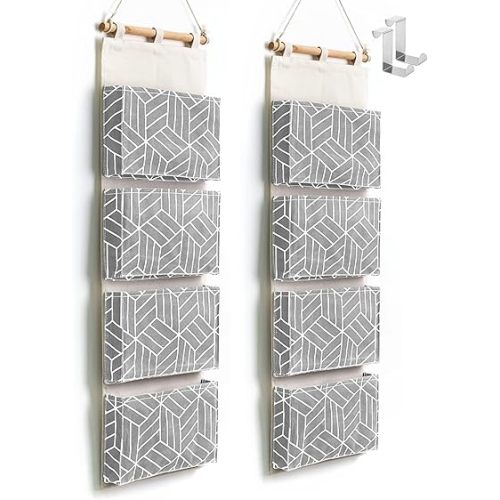 CROWNED 2Pcs Over Door Hanging Storage Bags Wall Mount Closet Organizer, 4 Big Pockets Linen Cotton Fabric Multi Functional Living Room Bedroom Bathroom File Magazine Waterproof Free Hooks Grey