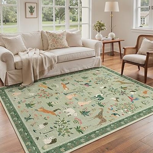 BESBLEE Washable Rugs 6x9, Soft Animal Print Ultra-Thin Low Pile Carpet, Non-Slip Stain Resistant Floral Pet Friendly Woodland Jungle Rug for Playroom Living Room Bedroom Entryway, Green