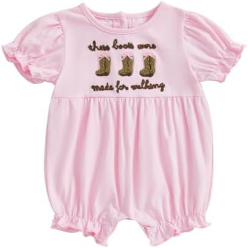Western Baby Girl Clothes These Boots Were Made For Walking Jumpsuit Short Puff Sleeve Ruffle Boots Romper Infant