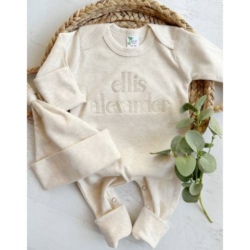 Personalized oatmeal baby romper and hat set, custom coming home outfit, sketch stitch boys outfit, baby shower gift, neutral