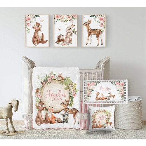 Baby Girl Woodland Animals Crib Bedding Set -Personalized Baby Girl Blanket with Woodland Animals- Blush Floral Woodland Nursery Set A550