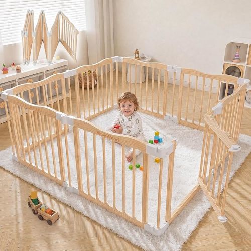 BlueWood Wooden Playpen for Babies & Toddlers, 8 Panels Expandable & Foldable Baby Play Yard, Baby Fence with Door, for Living Room/Nursery/Playroom - Safe Crawling Space (55"x55")