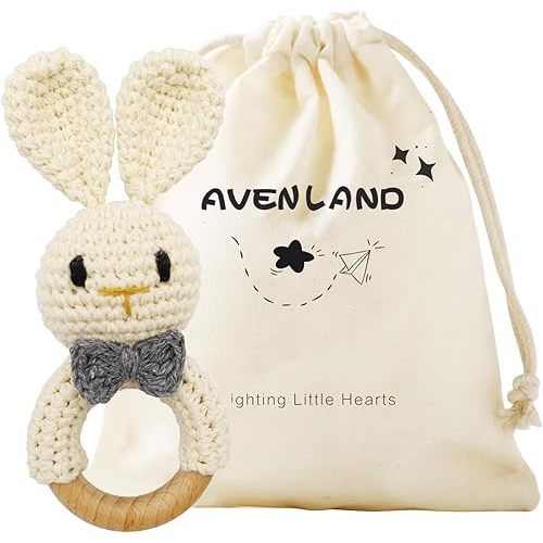 Crochet Bunny Rattle for Baby, Soft Rattle Toy with Wooden Ring - Toddler Gift, Perfect for Baby Showers