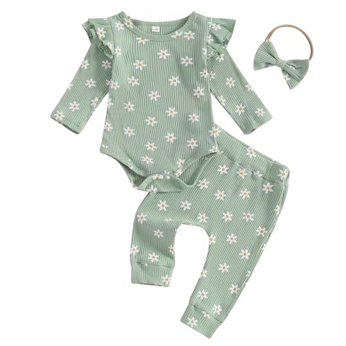 FOCUSNORM Newbron Baby Girl Fall Clothes Daisy Ribbed Knitted Long Sleeve Romper Long Pants 3 Pcs Infant Girl Winter Outfit