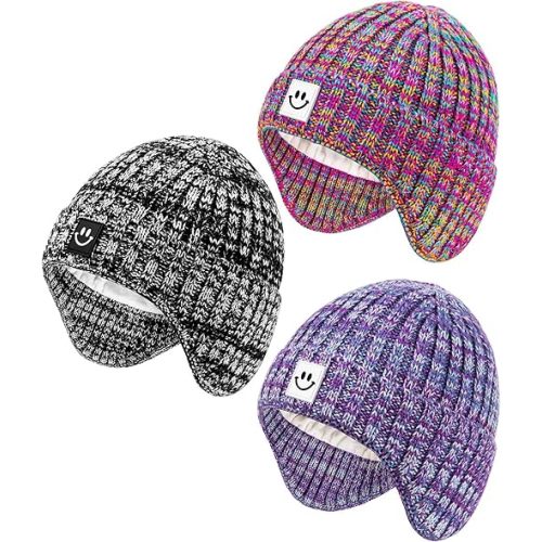 3 Pack Baby Beanie Hats with Earflaps, 2 Size Baby Winter Hat for Infant Toddler Kids, Fleece Lined Knit Hat for Girls Boys