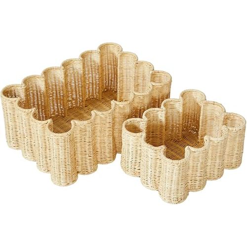 BEBE BASK Unique Wavy Scalloped Basket Set Of 2 - Scallop Basket - 16 x 10 x 7 In - Hand-Woven Elegant Wicker With Scalloped Edge Lid - Nursery Storage - (Earthy)