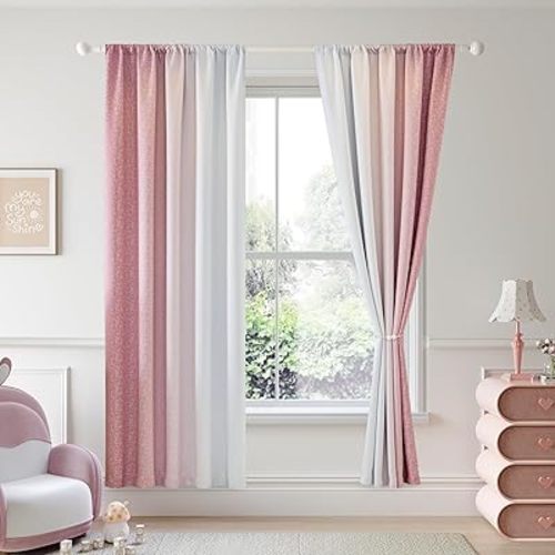Ombre 100% Blackout Curtains 72 Inch Length 2 Panels for Nursery Bedroom Pink White Gradient Patterned Room Darkening Noise Reducing Rod Pocket Window Treatment Drapes