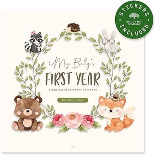 Baby's First Year Book & Calendar with 54 Stickers by Bright Day – Capture Milestones with Baby's First Year Calendar – Keepsake Memory Journal for Newborns