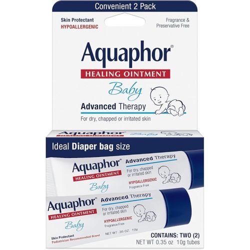 Aquaphor Baby Healing Ointment Advanced Therapy Skin Protectant for Chapped or Dry Skin, Drool Rash and Diaper Rash Ointment, Hypoallergenic Baby Essentials, Travel Size, 0.35 Oz Tube, Pack of 2