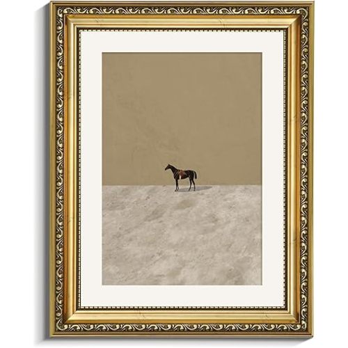 VIYYIEA Gold Framed Horse Wall Art Decor, Living Room Bedroom Lonely Horse Pictures Retro Wall Decor, Antique Picture Frame Canvas Prints Artwork, Vintage Abstract Paintings,11x14 Inch