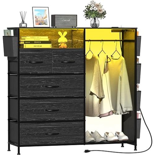 Dresser for Bedroom with Clothes Rack Side Pockets 5 Drawer Dresser with Charging Station LED Lights Black Storage Chest of Drawers for Nursery Hallway Closet Sturdy Steel Frame Wood Top