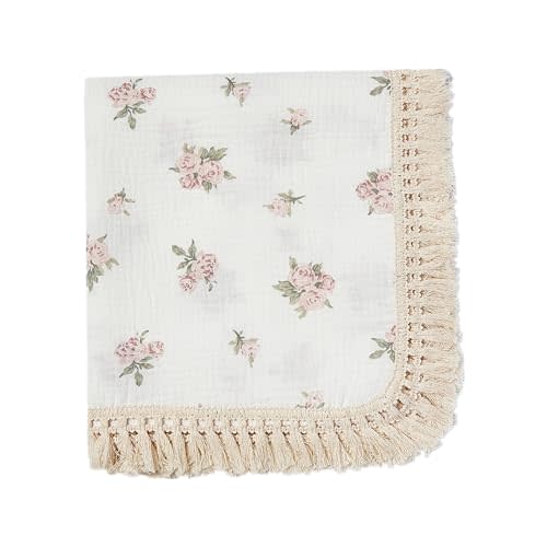 insular Cotton Muslin Baby Blanket with Tassel, Boho Bohemian Muslin Swaddle Blanket Baby Receiving Blanket with Fringe, Nursery Decor Throw or Nursing Blankets, 47" x40”, Pink Rose