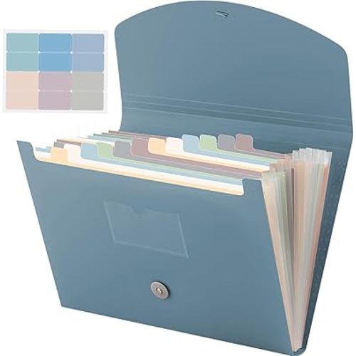 Cholemy Expanding File Folder 13 Pockets File Organizer with Labels A4 Letter Size Receipt Document Organizer Plastic Expandable Filing Folders for Office, Home(Blue)