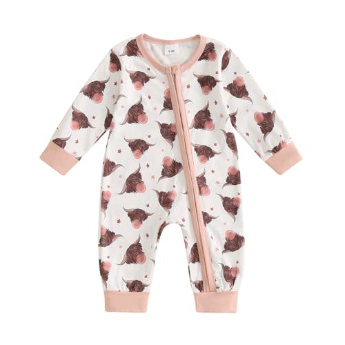 FIOMVA Western Baby Girl Clothes Newborn Cowgirl Outfit Infant Boy Highland Cow Print Jumpsuit Fall Winter Cowboy Outfits