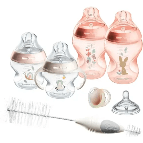Tommee Tippee Natural Start 8 Piece BPA Free Bottle Set, Includes 2 x 5 oz & 2 x 9 oz Bottles, 1 x Medium Flow Nipple, 1 x 0-6m Pacifier, 1 x Removable Bottle Handle, 1 x Cleaning Brush, Pink