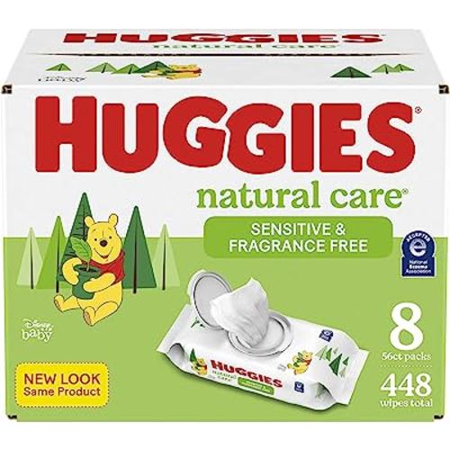 Baby Wipes, Huggies Natural Care Sensitive Baby Diaper Wipes, Unscented, Hypoallergenic, 8 Flip-Top Packs, 56 Count (Pack of 8)