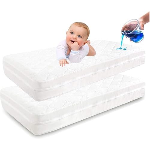 Little Grape Land Crib Mattress Protector 2pk, Waterproof Crib and Toddler Mattress Protector, Absorbent & Noiseless Zippered Crib Mattress Topper Fit Baby Toddler Bed Mattress Pad 2pk, 52" x 28"