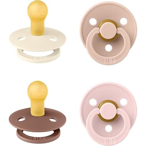 BIBS Colour Soother 4-Pack, BPA Free Dummy Pacifier, Round Nipple. Natural Rubber Latex, Made in Denmark, Size 1 (0-6 Months), Blush Mix