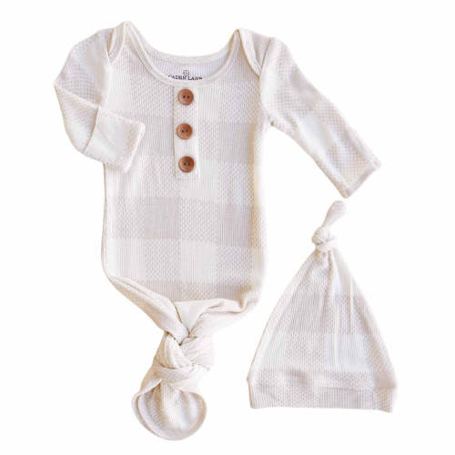 Big Check Bamboo Waffle Newborn Baby Knot Gown & Hat Set | Sand